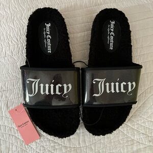 NWT Juicy Couture Raga Saga Fuzzy Sherpa furry Slides Sandals black Clear 8